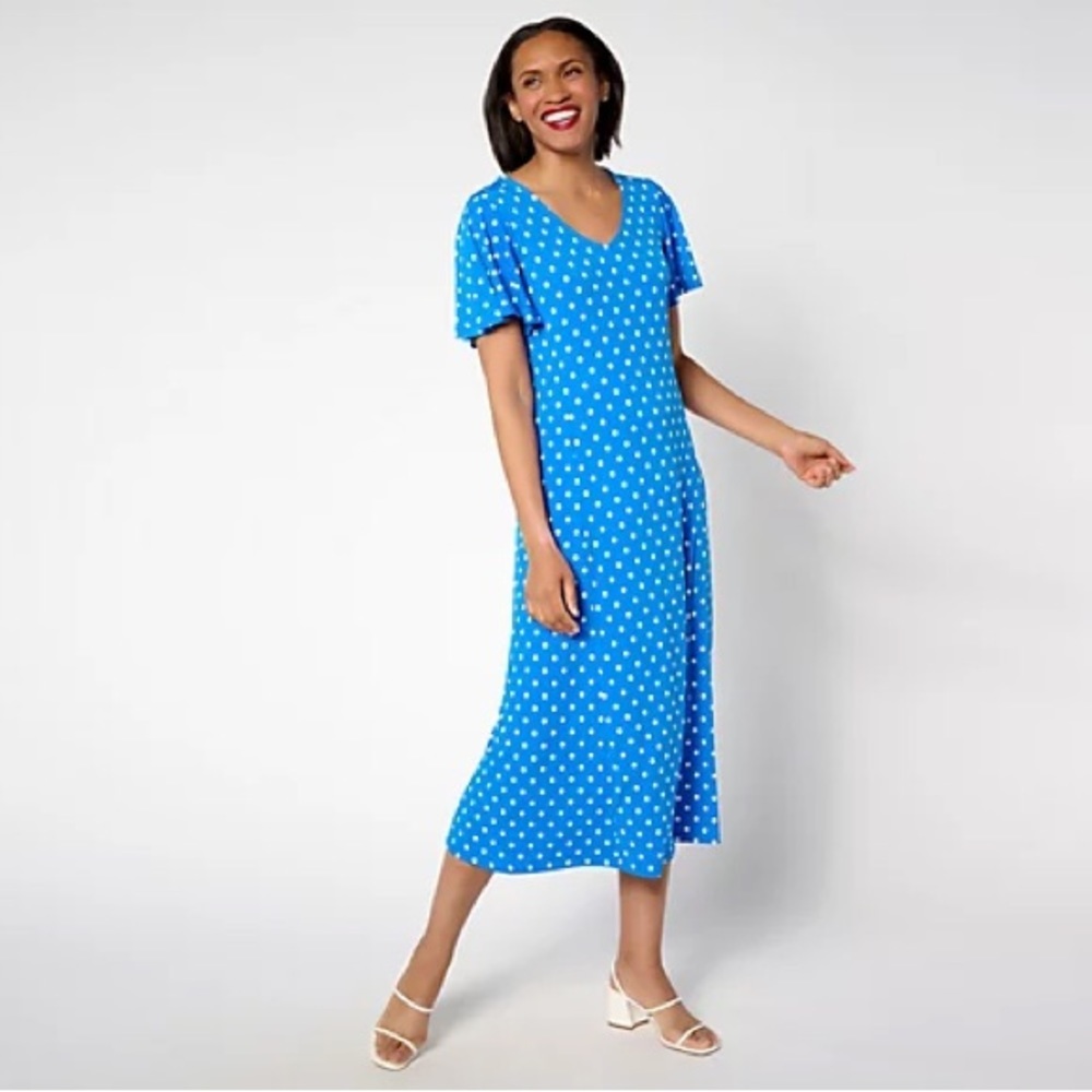 Susan Graver Printed Regular Liquid Knit Flutter Sleeve Midi Dress